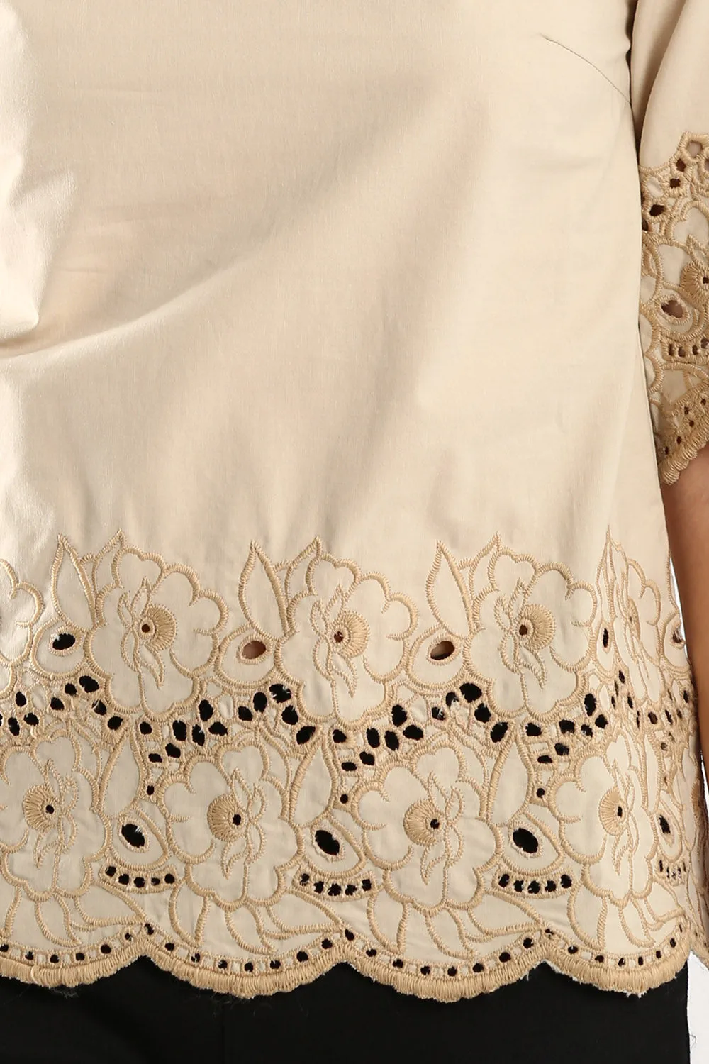 100% Cotton Embroidered Blouse in Khakis