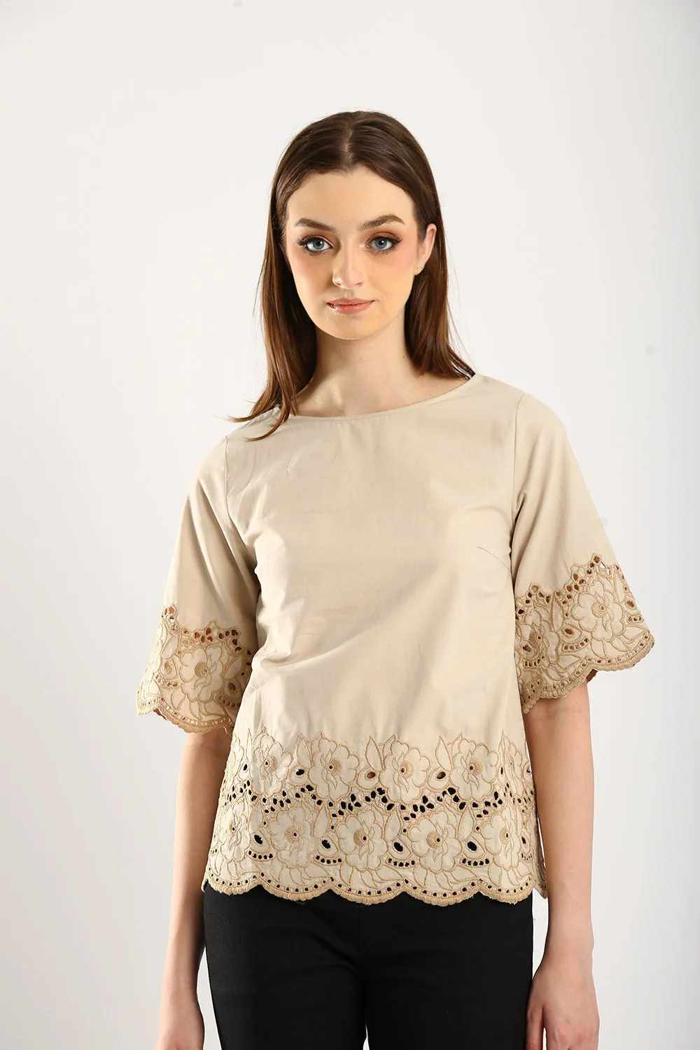 100% Cotton Embroidered Blouse in Khakis