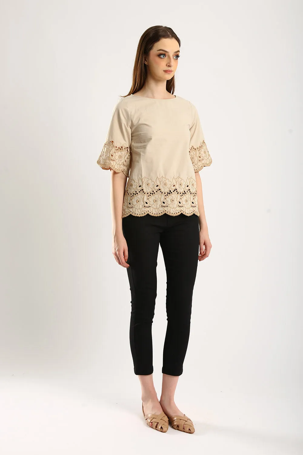 100% Cotton Embroidered Blouse in Khakis