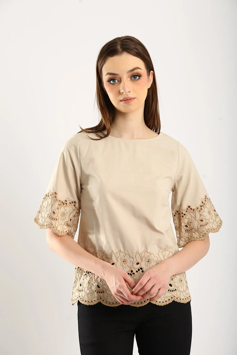 100% Cotton Embroidered Blouse in Khakis