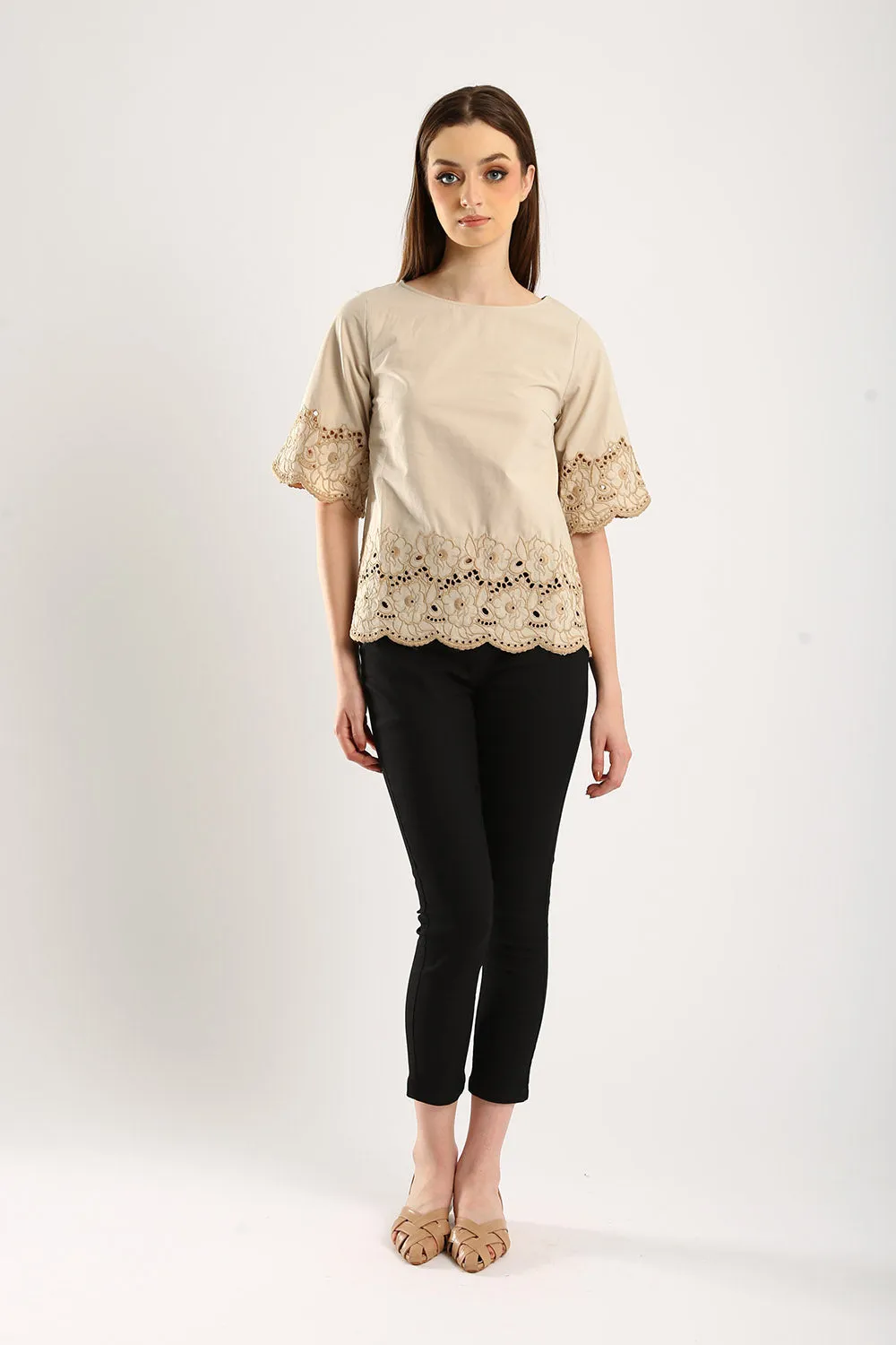 100% Cotton Embroidered Blouse in Khakis