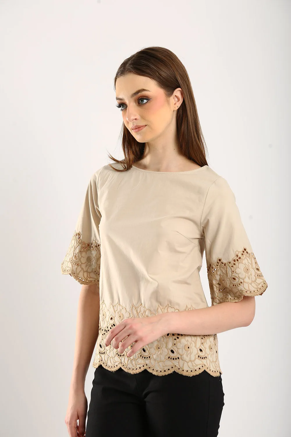 100% Cotton Embroidered Blouse in Khakis