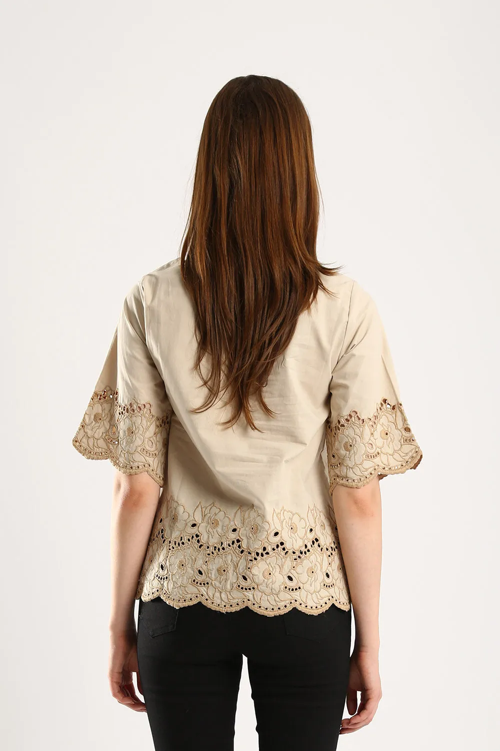 100% Cotton Embroidered Blouse in Khakis