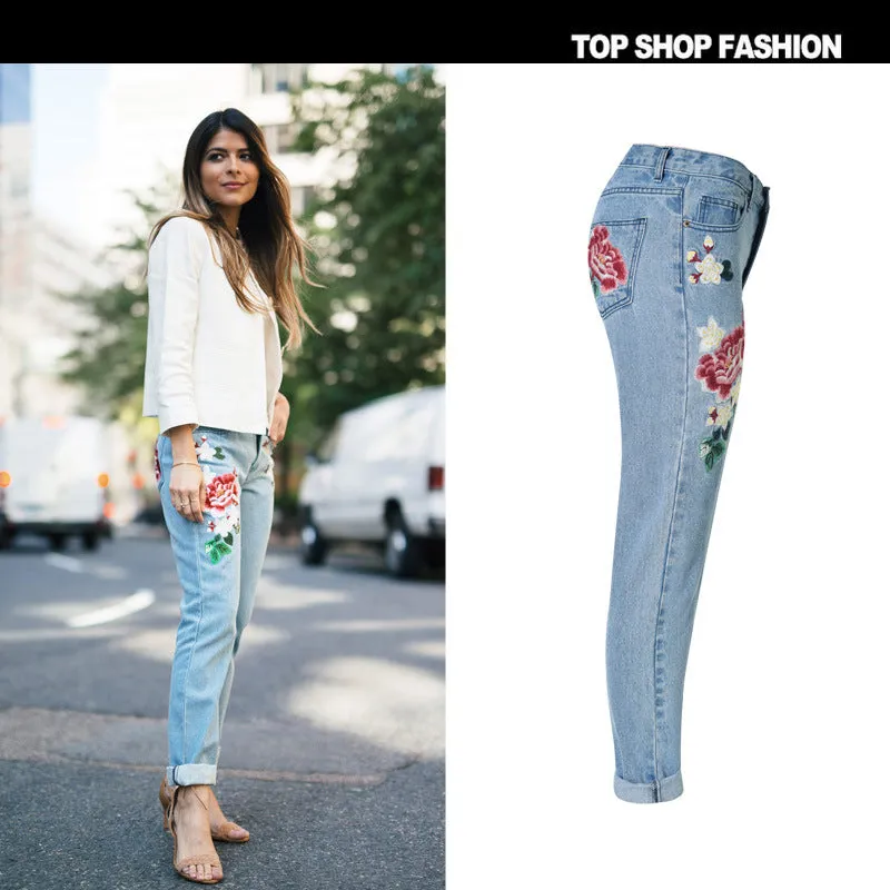 3D Embroidery Flowers Middle Waist Loose Pencil Jeans