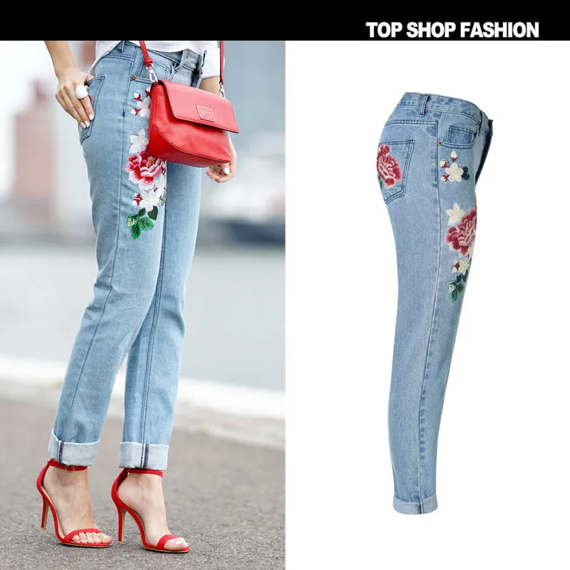 3D Embroidery Flowers Middle Waist Loose Pencil Jeans