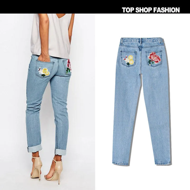 3D Embroidery Flowers Middle Waist Loose Pencil Jeans