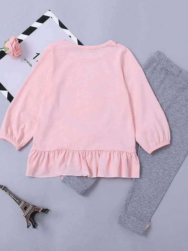 Baby Clothes Outfit Set Pink Camera Print Ruffled Dress and Bow Grey Leggings Pants