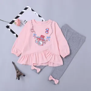 Baby Clothes Outfit Set Pink Camera Print Ruffled Dress and Bow Grey Leggings Pants