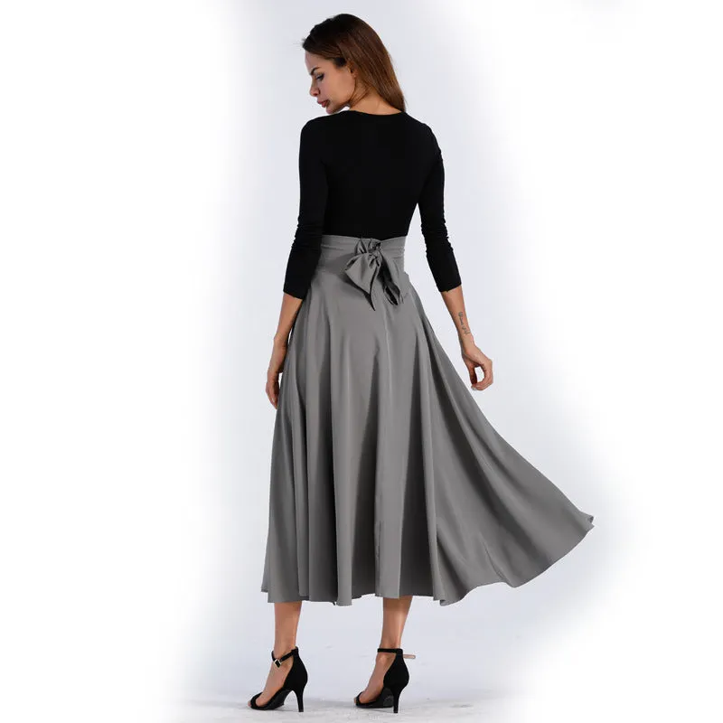 Back Straps Bowknot High Waist Long Swing Skirt with Pockets