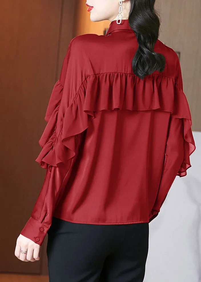 Beautiful Red Peter Pan Collar Ruffled Patchwork Silk Shirts Spring RL027