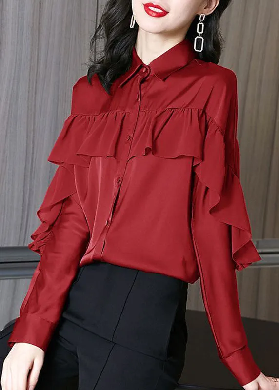 Beautiful Red Peter Pan Collar Ruffled Patchwork Silk Shirts Spring RL027