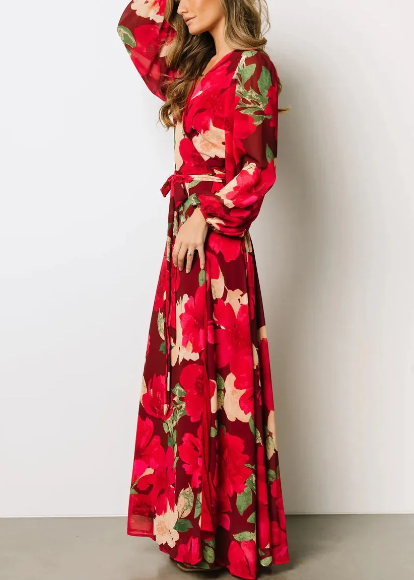 Beautiful Red Print Side Open Cotton Maxi Dresses Fall AU1024