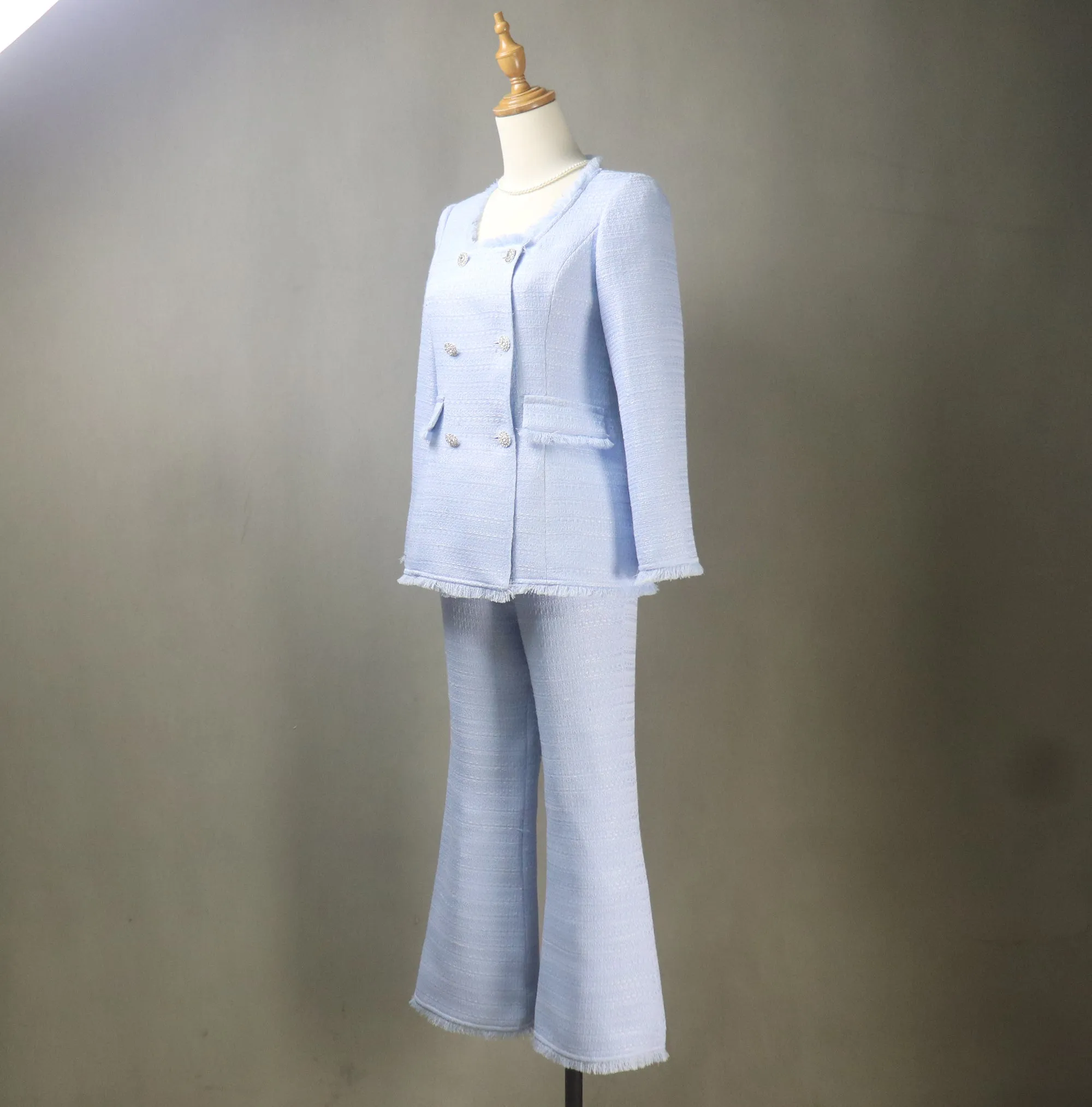 Bespoke Blue Flare Pants Suit  (Plus Size Avail) Square Neck Long Jacket   Trousers Suit