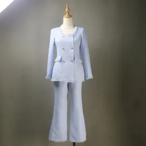 Bespoke Blue Flare Pants Suit  (Plus Size Avail) Square Neck Long Jacket   Trousers Suit