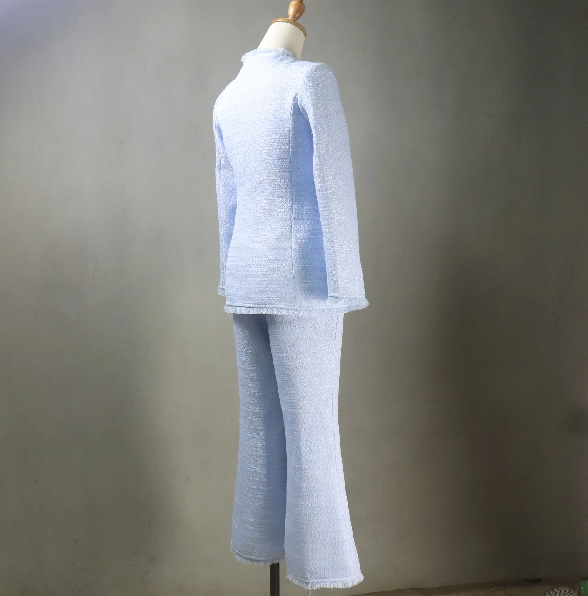 Bespoke Blue Flare Pants Suit  (Plus Size Avail) Square Neck Long Jacket   Trousers Suit