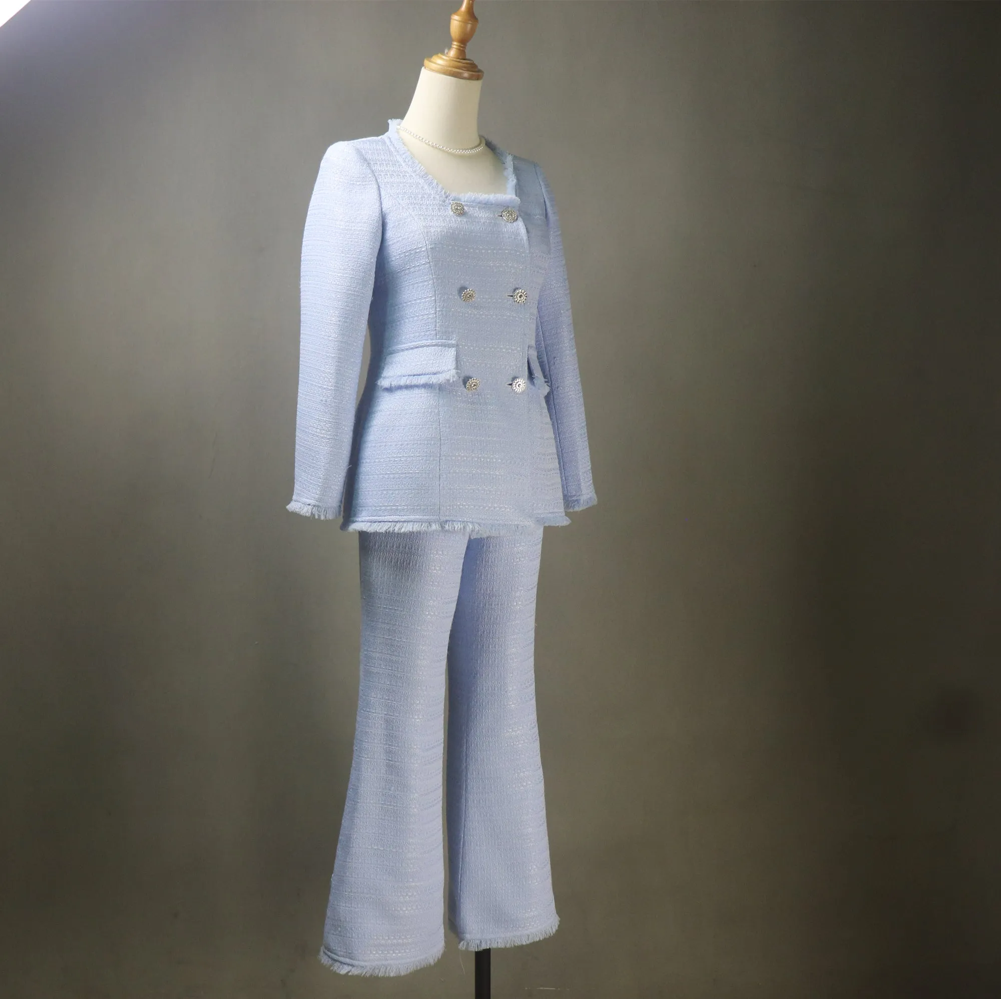 Bespoke Blue Flare Pants Suit  (Plus Size Avail) Square Neck Long Jacket   Trousers Suit