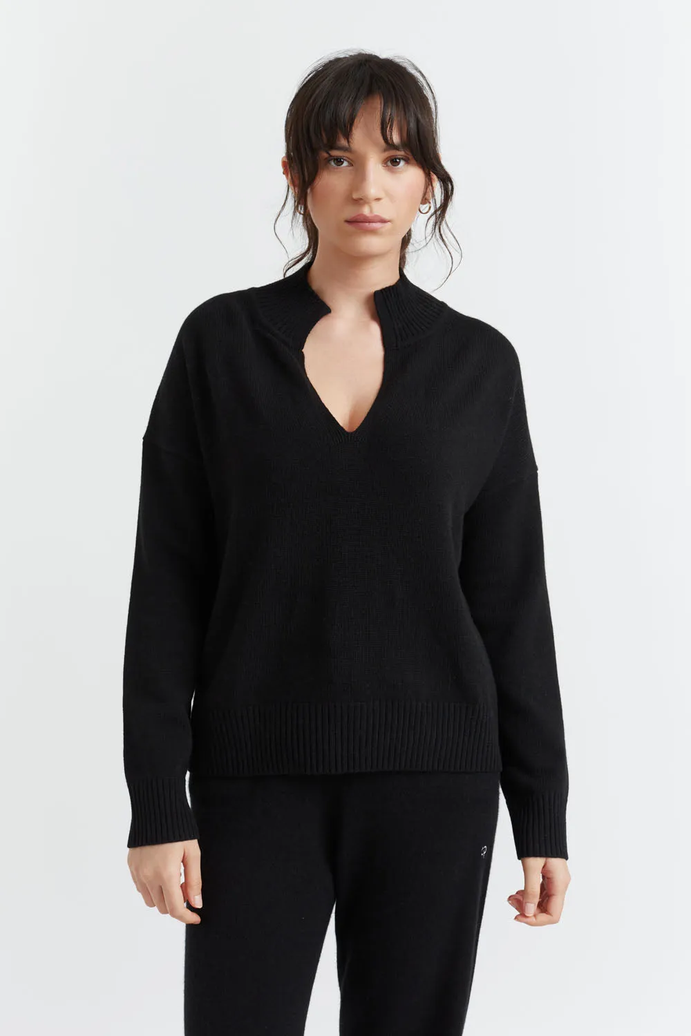 Black Cashmere V-Neck Funnel Sweater