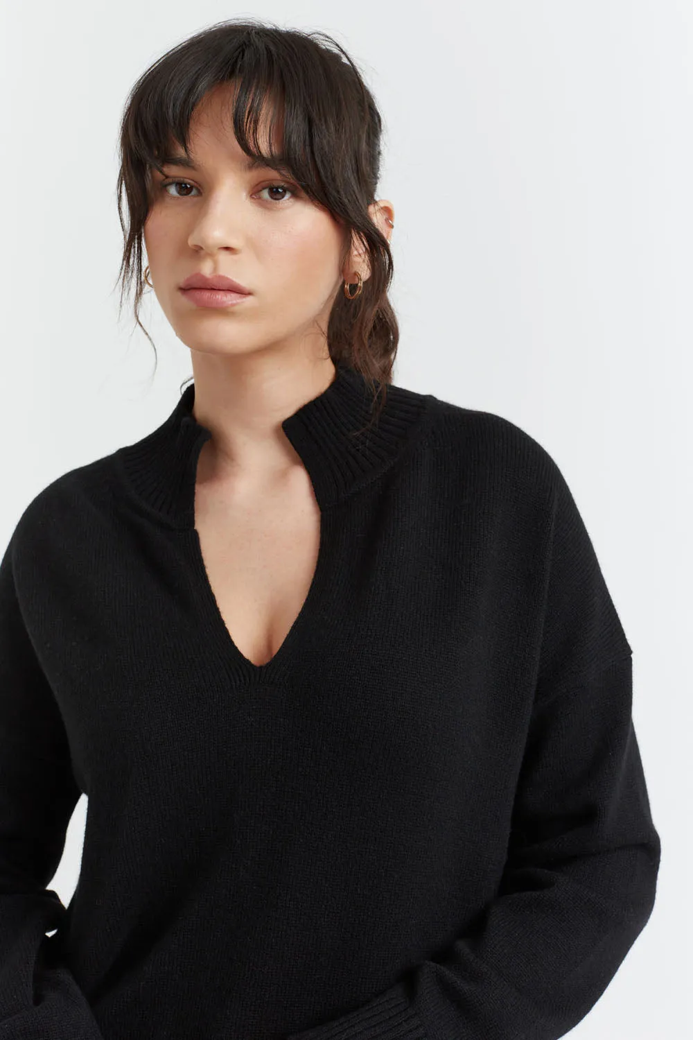 Black Cashmere V-Neck Funnel Sweater