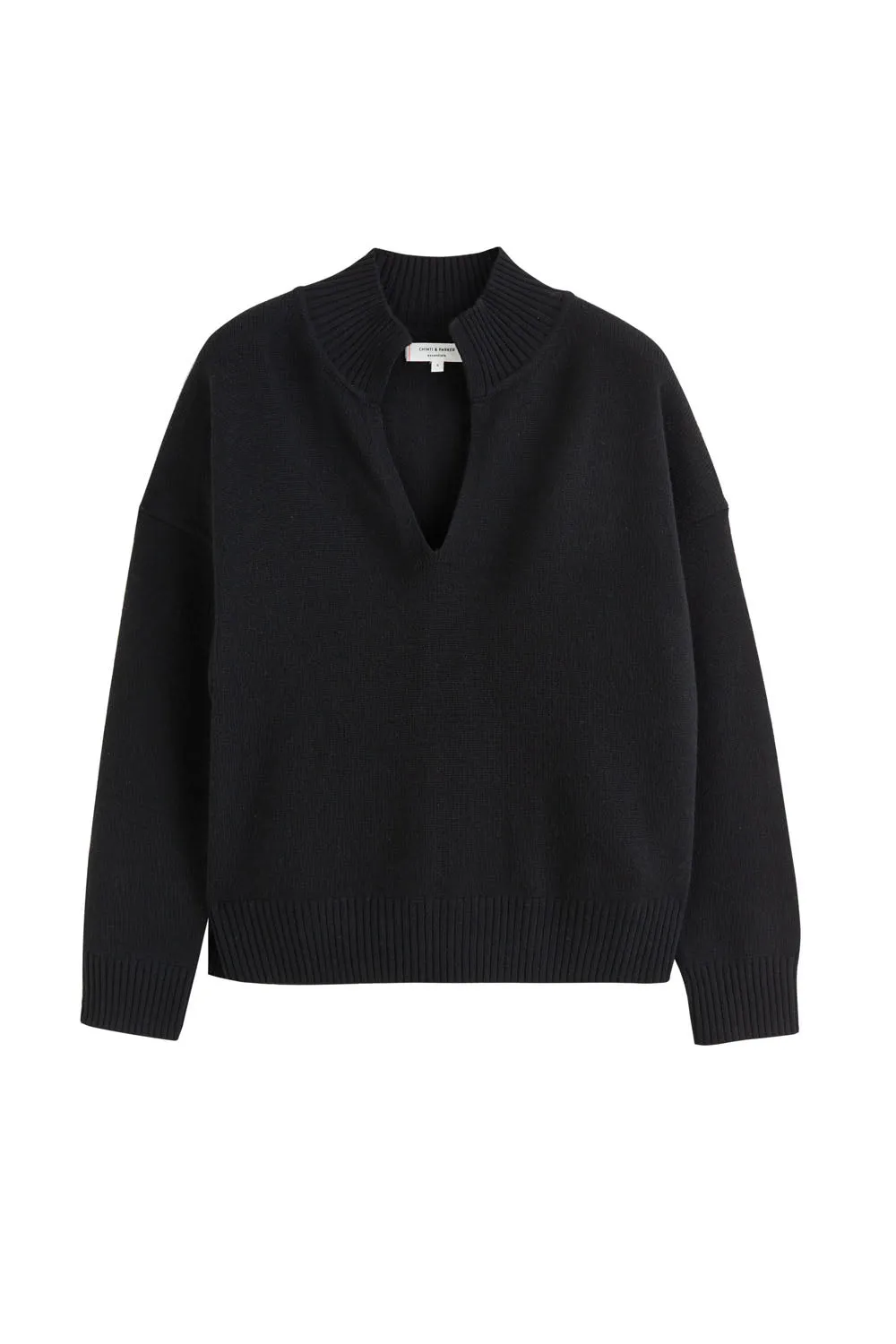 Black Cashmere V-Neck Funnel Sweater