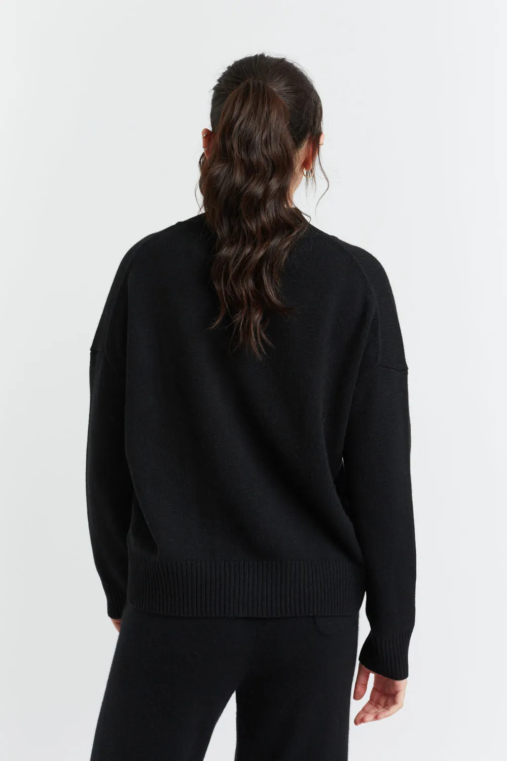 Black Cashmere V-Neck Funnel Sweater