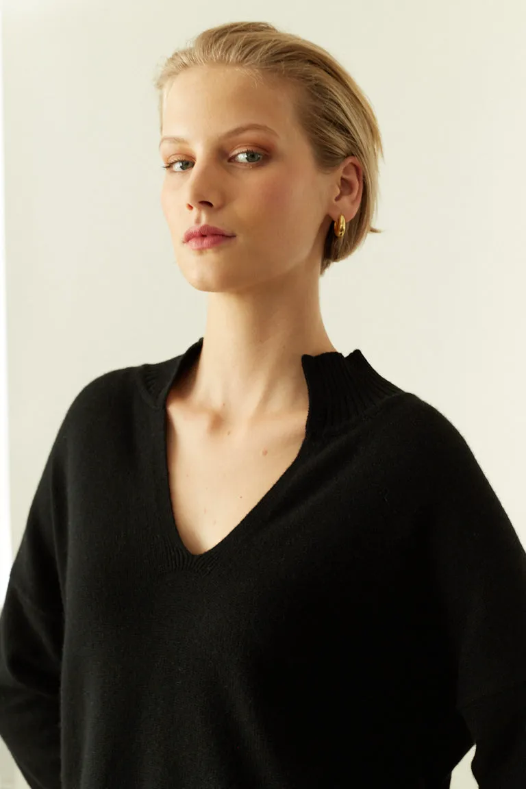 Black Cashmere V-Neck Funnel Sweater