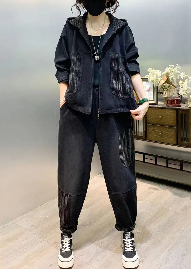 Black Patchwork Denim Two Piece Set Tops And Pants Fall ML2563