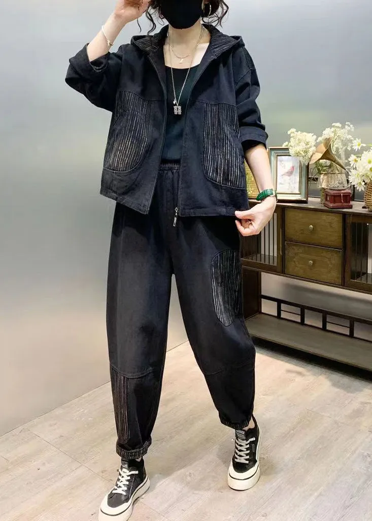 Black Patchwork Denim Two Piece Set Tops And Pants Fall ML2563