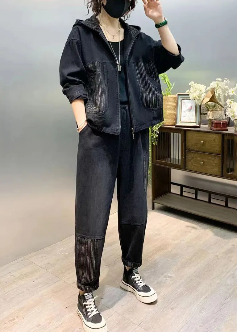 Black Patchwork Denim Two Piece Set Tops And Pants Fall ML2563