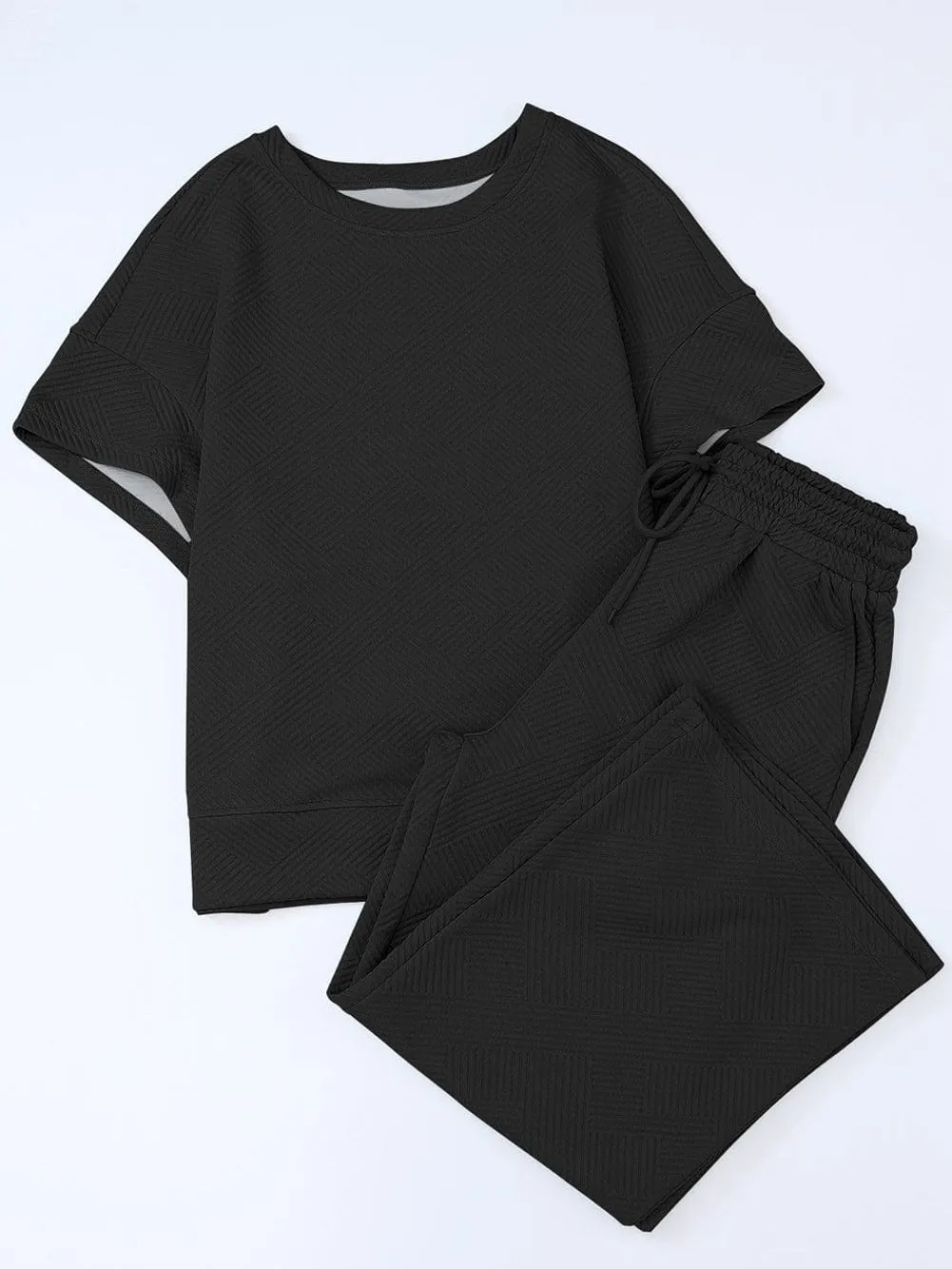 Black Ribbed Casual Lounge Set with Loose Fit Top and Drawstring Pants