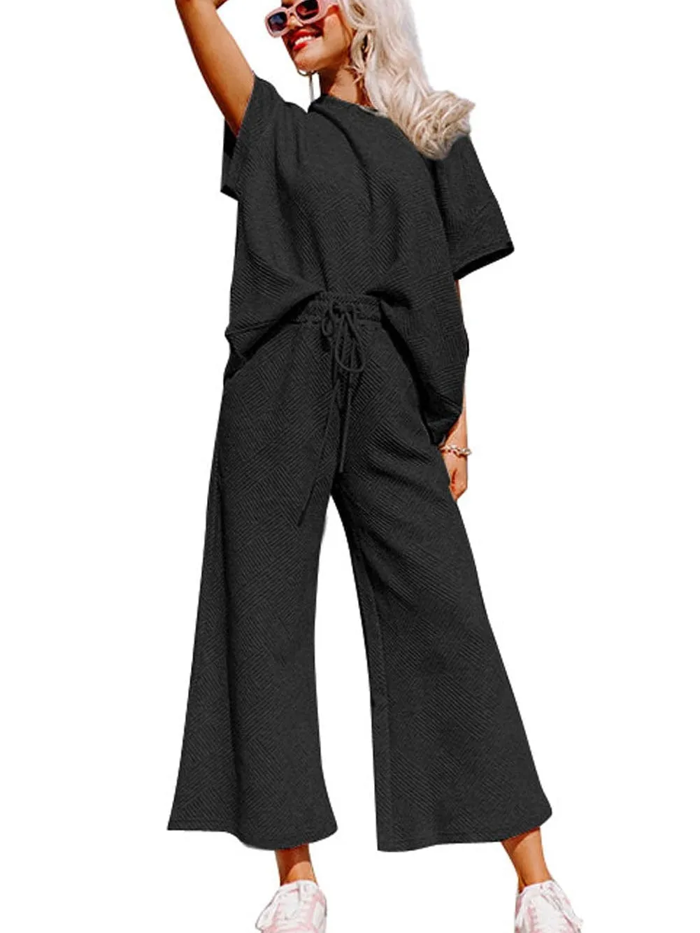 Black Ribbed Casual Lounge Set with Loose Fit Top and Drawstring Pants