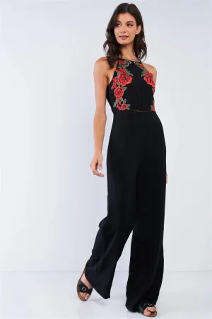 Black Sophisticated Floral Embroidered Sleeveless Wide Leg Jumpsuit /1-2-2-1