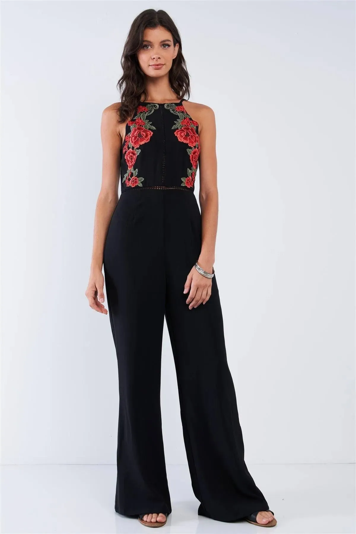 Black Sophisticated Floral Embroidered Sleeveless Wide Leg Jumpsuit /1-2-2-1