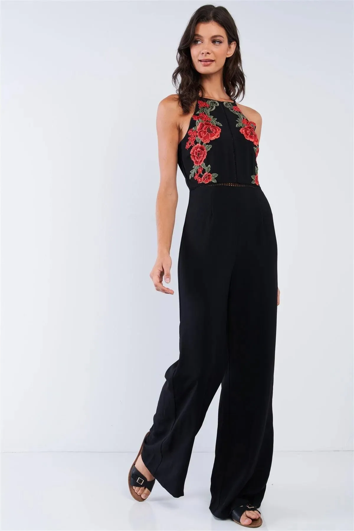 Black Sophisticated Floral Embroidered Sleeveless Wide Leg Jumpsuit /1-2-2-1