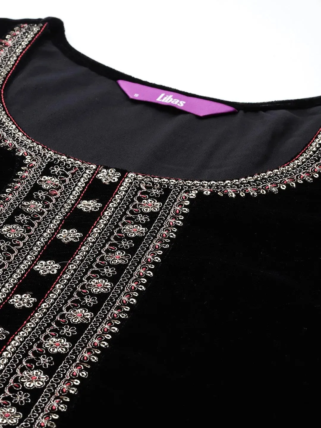 Black Yoke Design Velvet Straight Suit With Dupatta