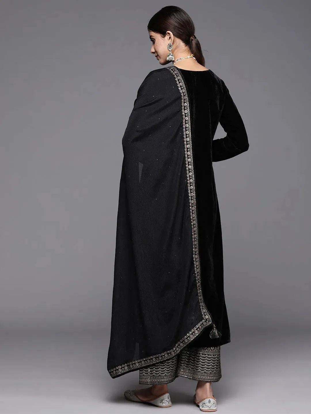 Black Yoke Design Velvet Straight Suit With Dupatta