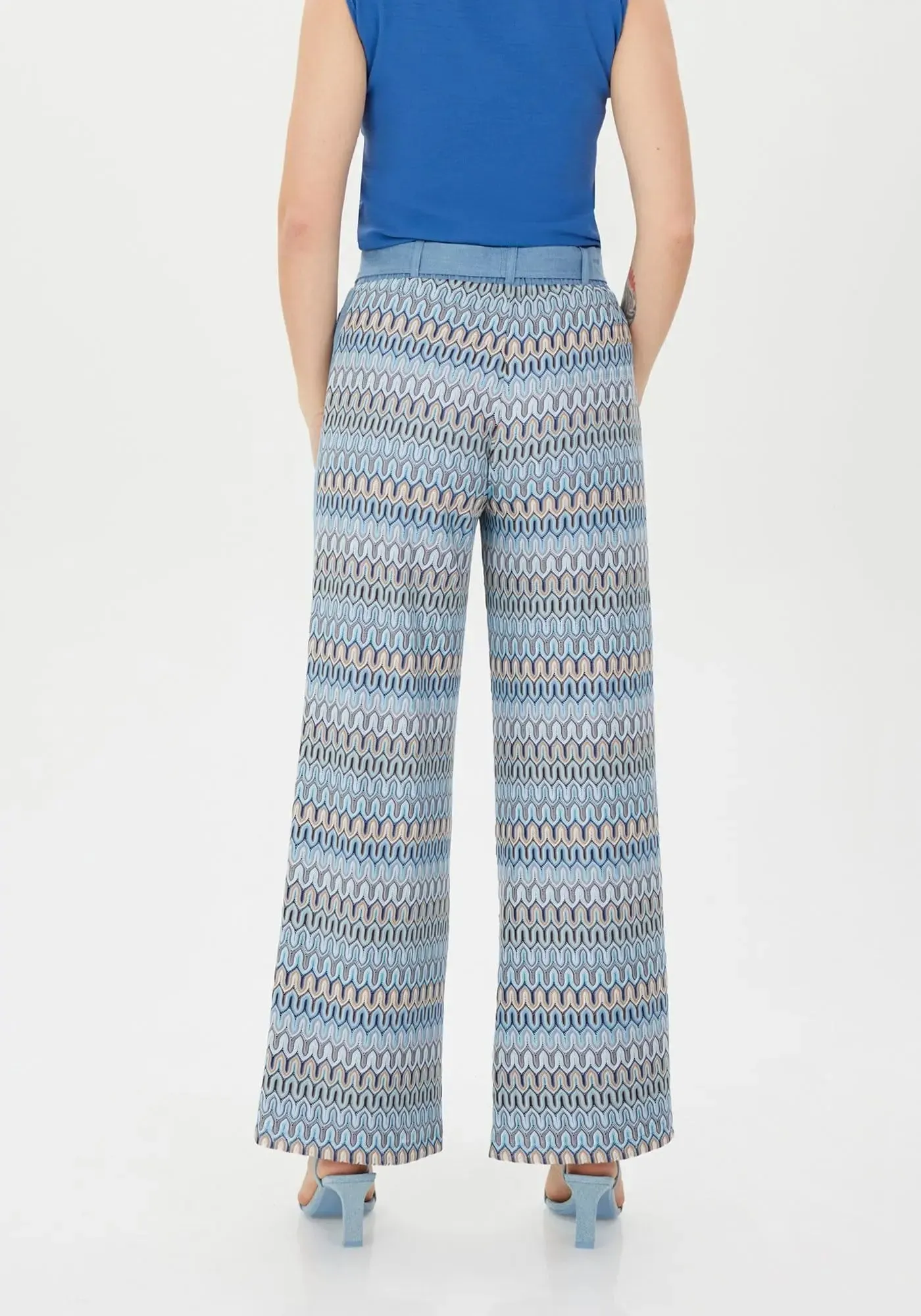 Blue and Colorful Pattern Wide-Leg High-Waist Pants with Belt