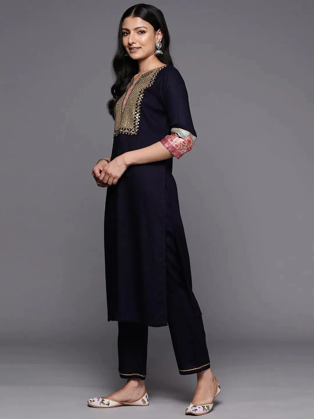 Blue Yoke Design Rayon Straight Kurta With Trousers & Dupatta