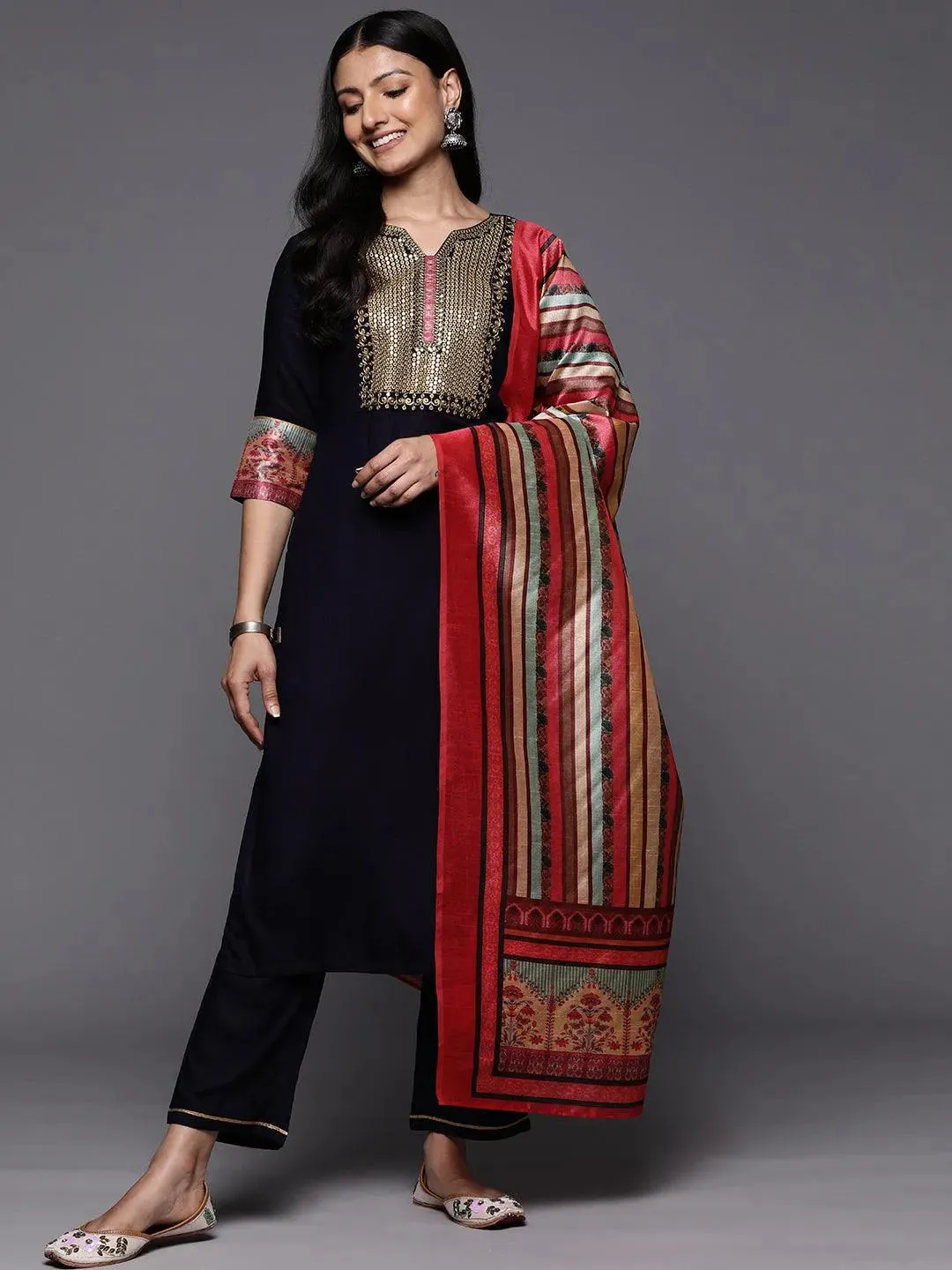 Blue Yoke Design Rayon Straight Kurta With Trousers & Dupatta