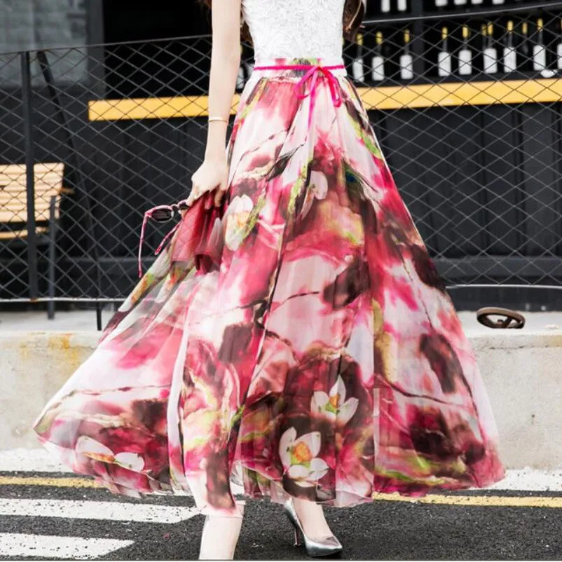 Bohemian Flower Print Chiffon Long Pleated Beach Skirt