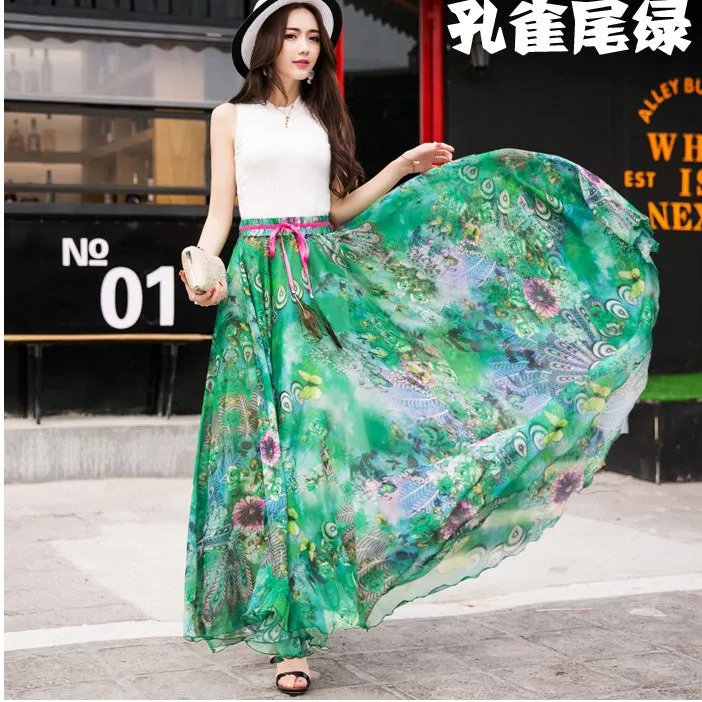 Bohemian Flower Print Chiffon Long Pleated Beach Skirt