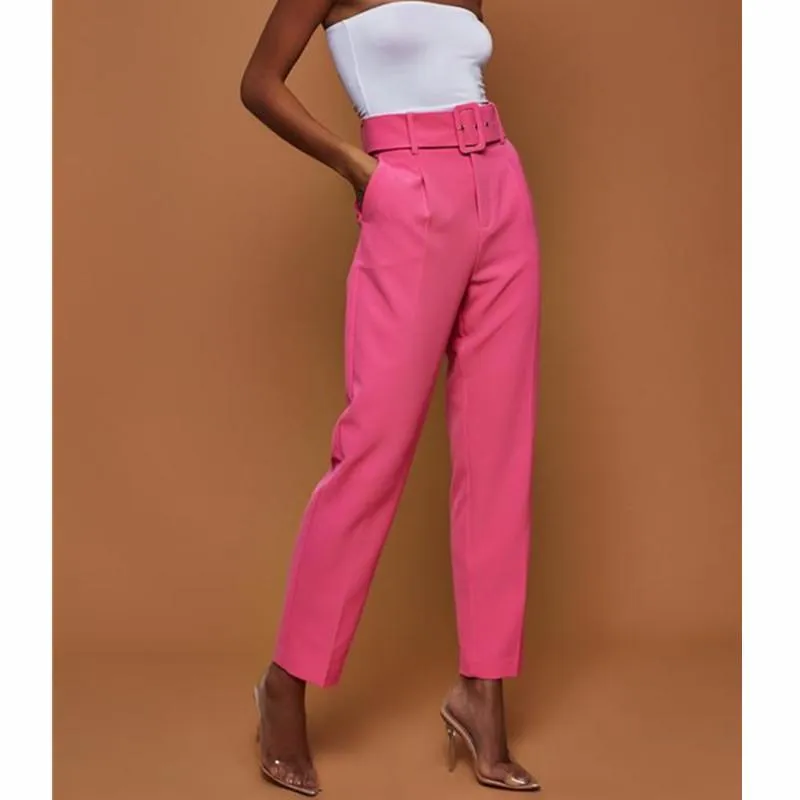 Candy Color High Waist Women 9/10 Pencil Pants with Belt