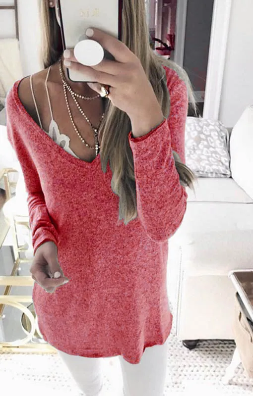 Candy Solid Color V-neck Casual Loose Women Pullover Sweater