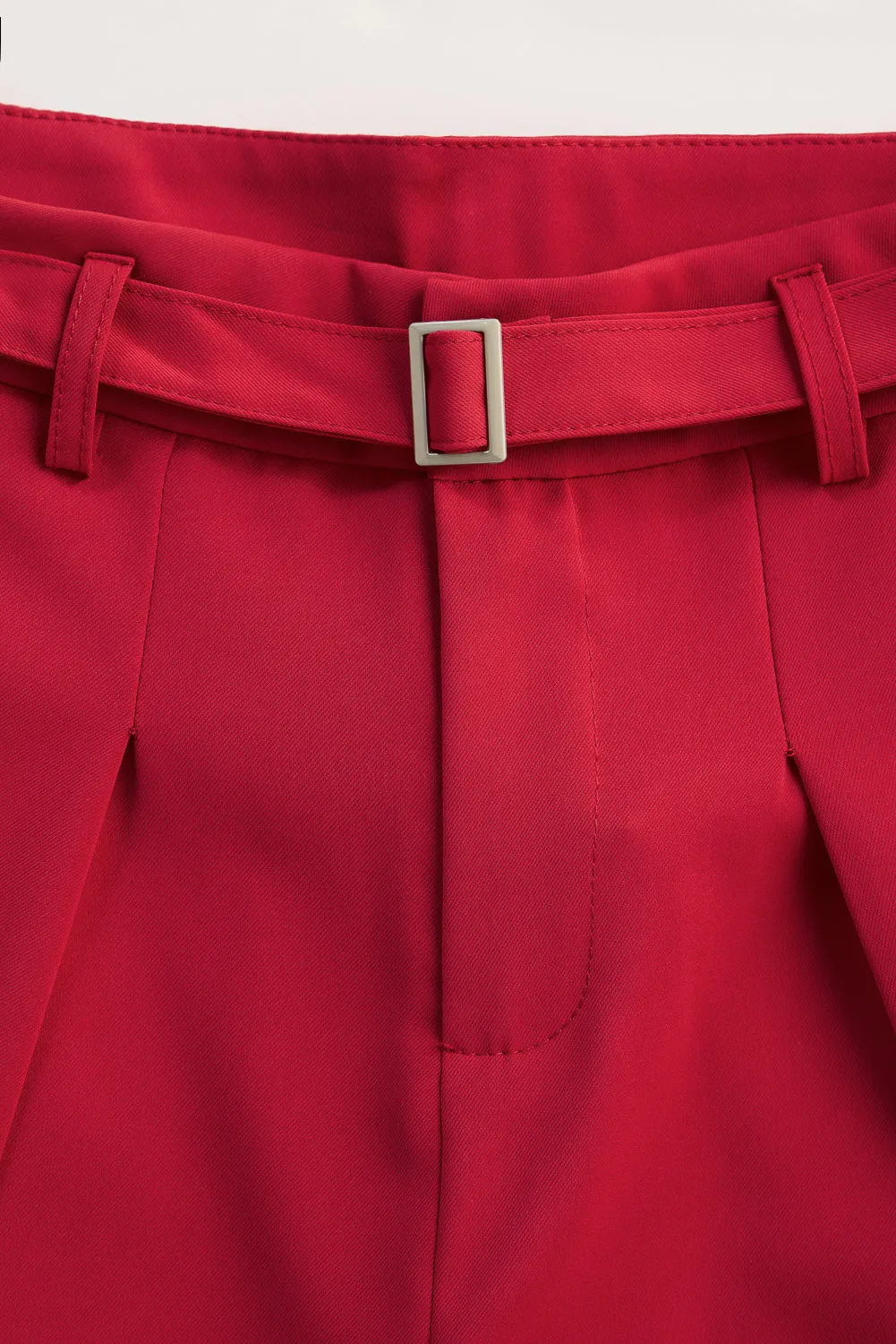 Cherry Red Belted Flared Korean Pants