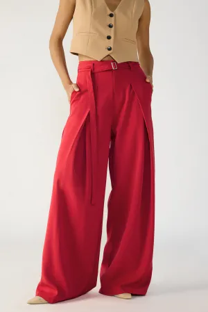 Cherry Red Belted Flared Korean Pants