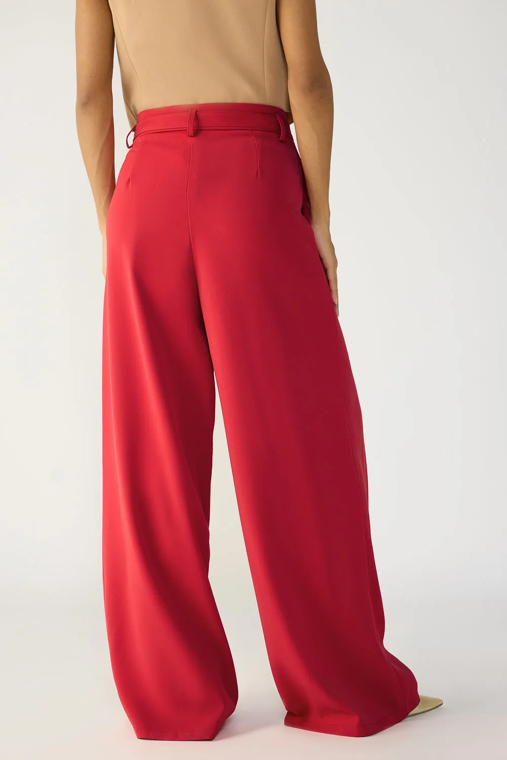 Cherry Red Belted Flared Korean Pants