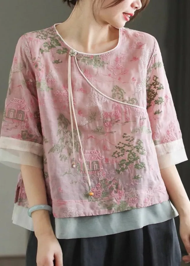 Classy Pink Embroidered Tulle Patchwork Tassel Top Short Sleeve UU028