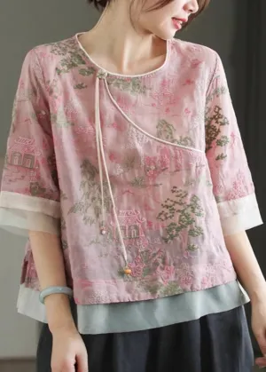 Classy Pink Embroidered Tulle Patchwork Tassel Top Short Sleeve UU028