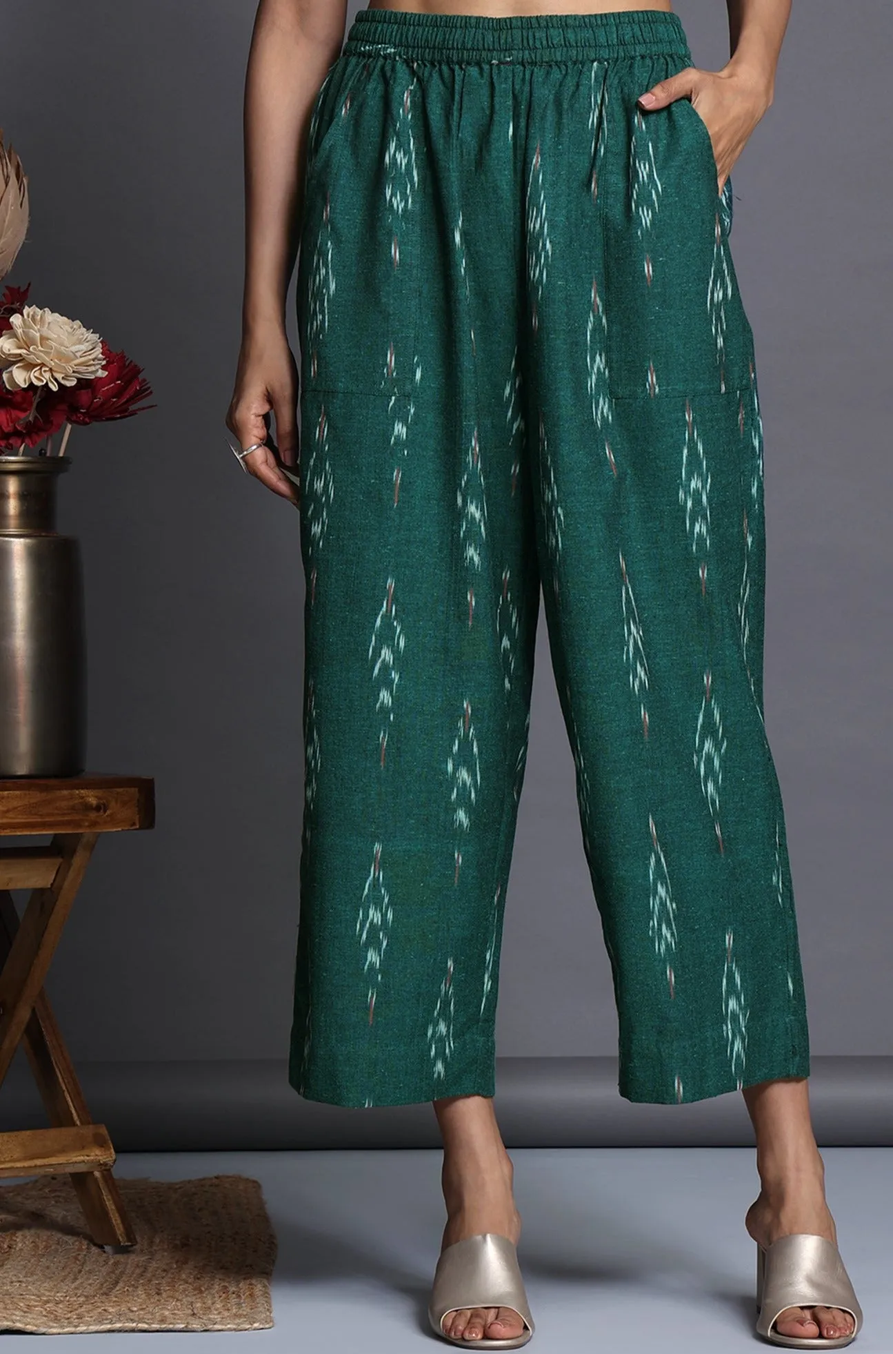 comfort fit cotton pants - rama green ikat