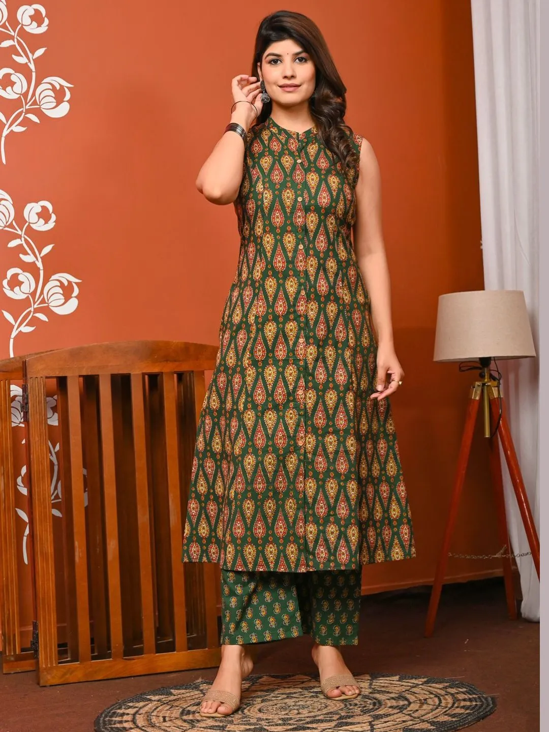 Cotton Printed Sleeveless A-line Kurta with Pants Set - Green