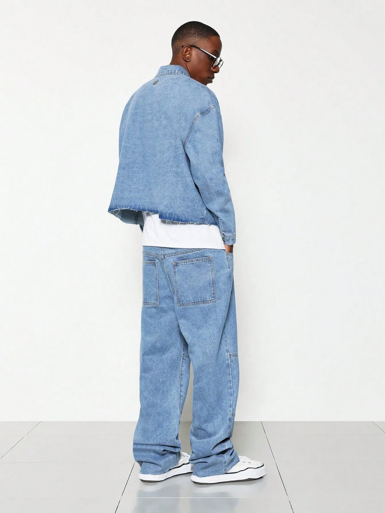 Cropped Washed Long Sleeve Denim Shirt And Straight Fit Pant 2 Piece Set